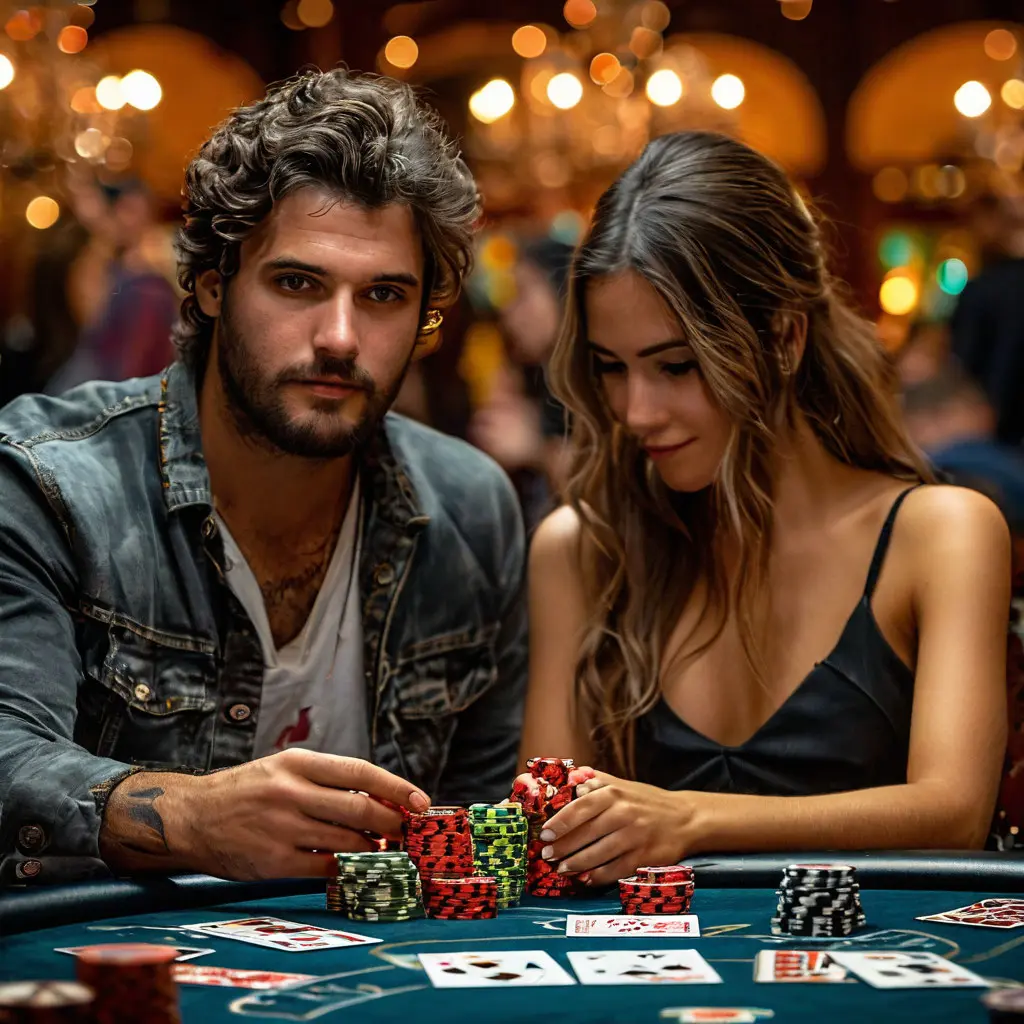 A man and a girl are playing poker CASINO 888