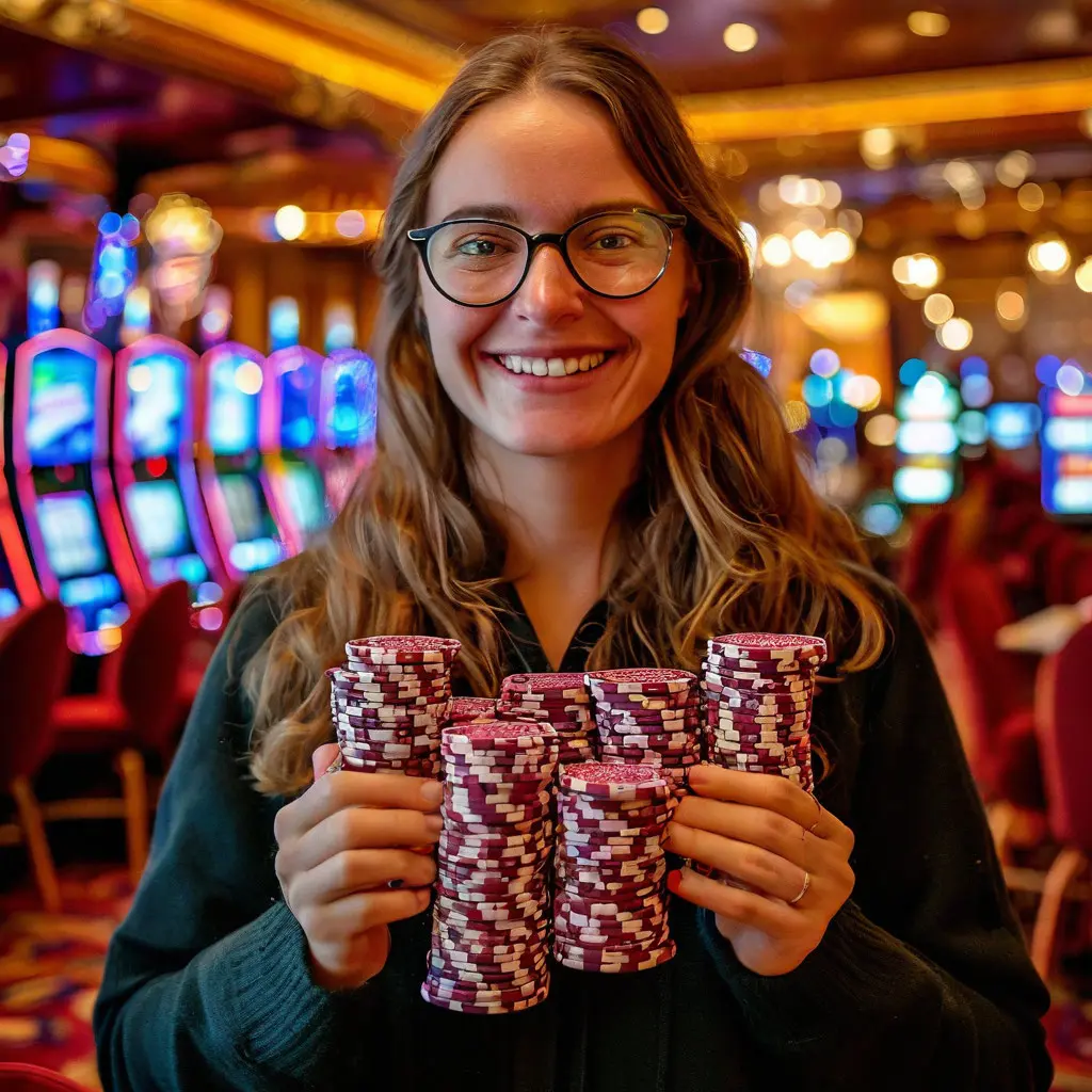 A happy girl with chips CASINO 888