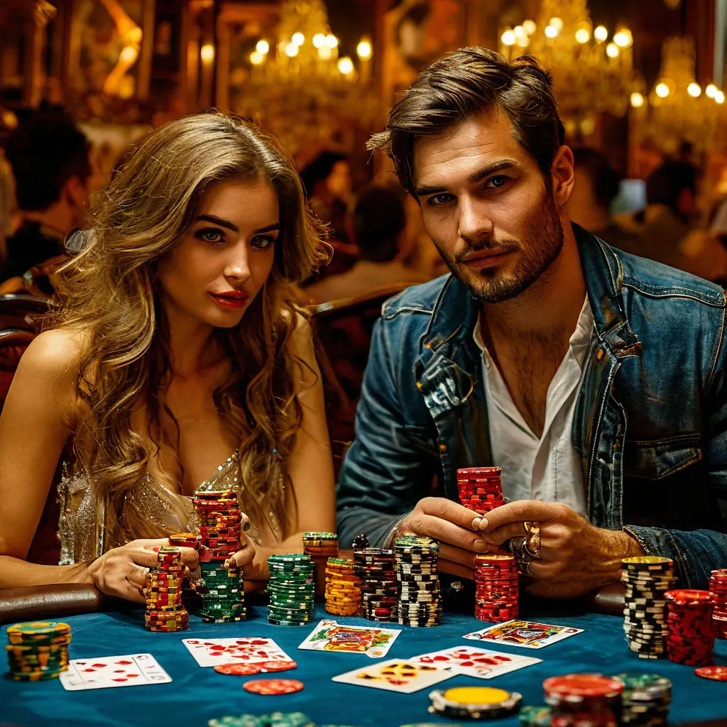 A man and a girl are playing poker CASINO 888